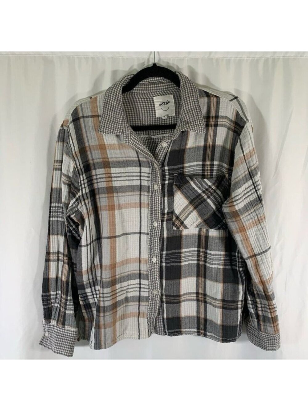 Aerie Flannel Shirt Women's Small Brown White Plaid Button Up Long Sleeve Cotton